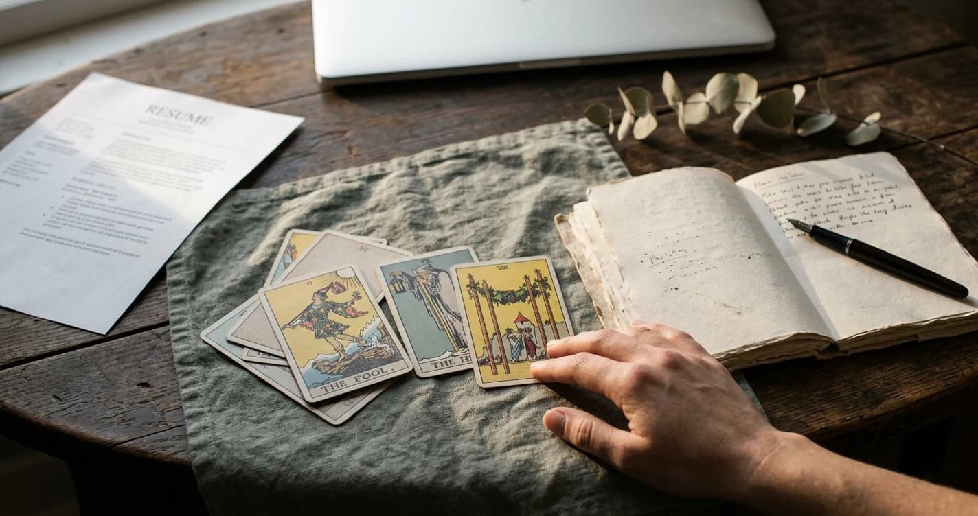 The Fool, The Hermit, and Four of Wands tarot cards beside an open notebook, a résumé sheet, and a laptop, with a hand reaching toward the spread.