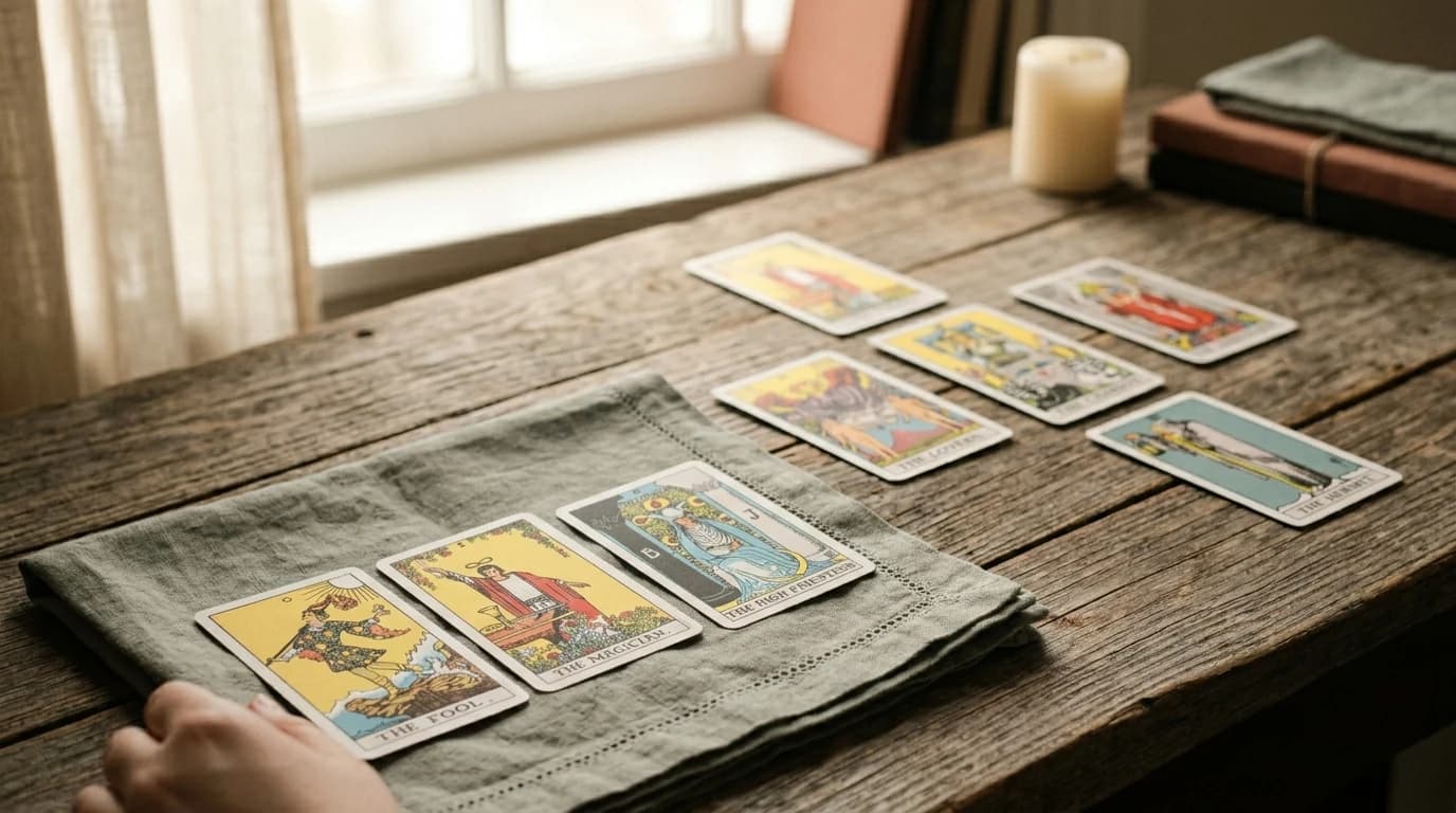 The Fool, The Magician, and The High Priestess form a three-card spread on cloth, with a larger tarot spread behind them.