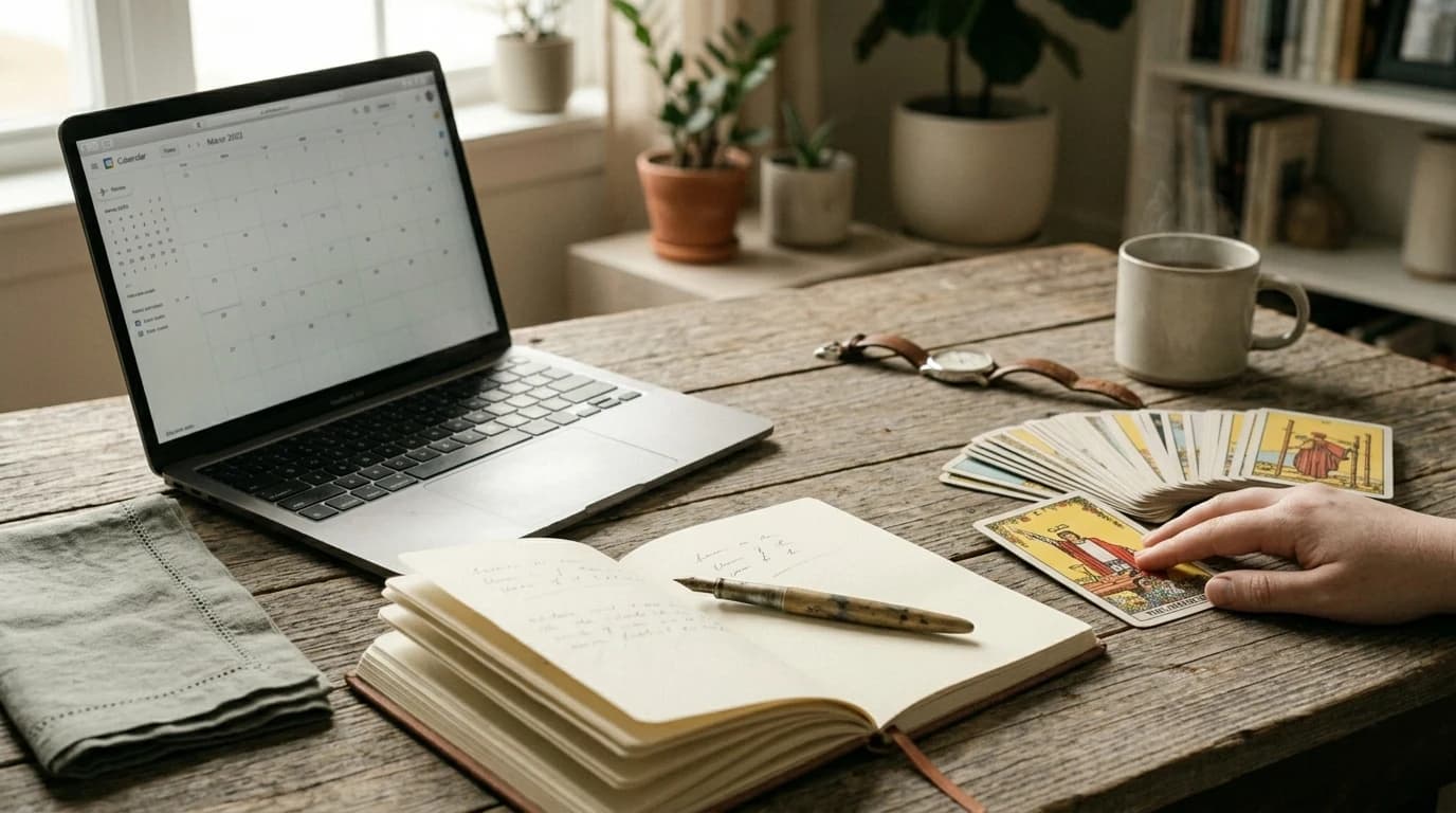 The Magician tarot card beside a fanned tarot deck, open journal, laptop calendar, and cup, with a hand resting on the card.