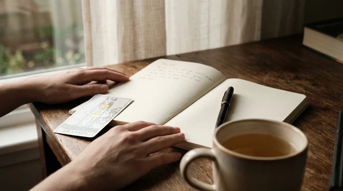 Ace of Cups tarot card beside an open journal, pen, and cup of tea, with hands resting near the page.