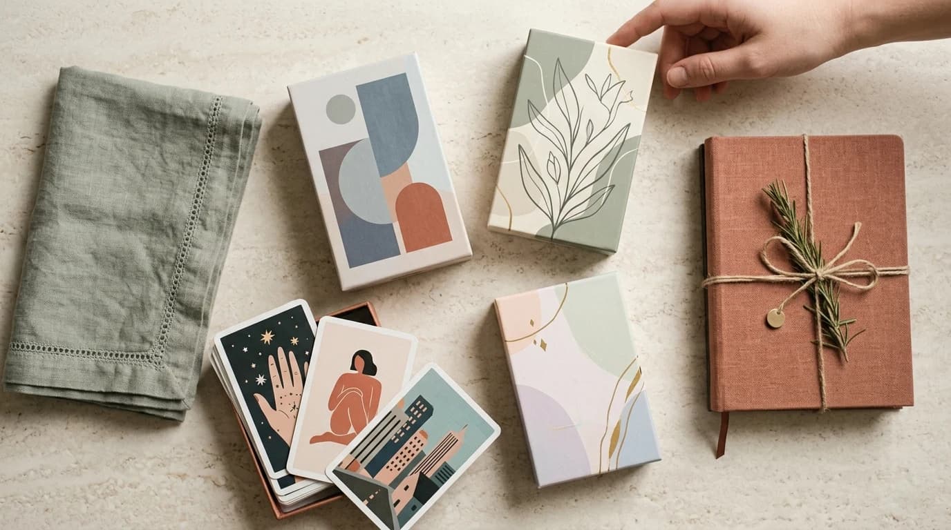 A hand lifts a pastel botanical tarot deck box beside abstract deck boxes, modern tarot cards, folded cloth, and a tied journal.