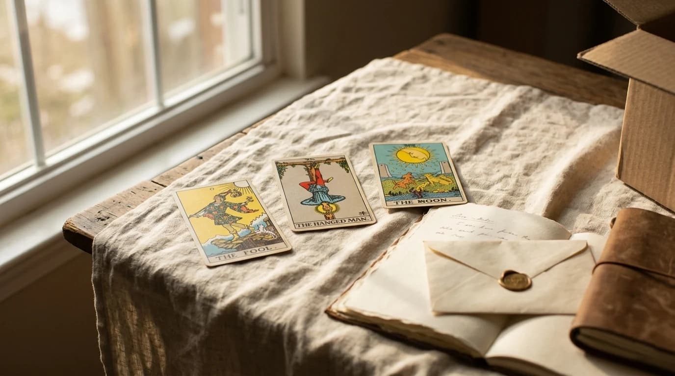 Three Rider-Waite-Smith tarot cards depicting The Fool, The Hanged Man, and The Moon lie beside an open notebook and a sealed envelope.