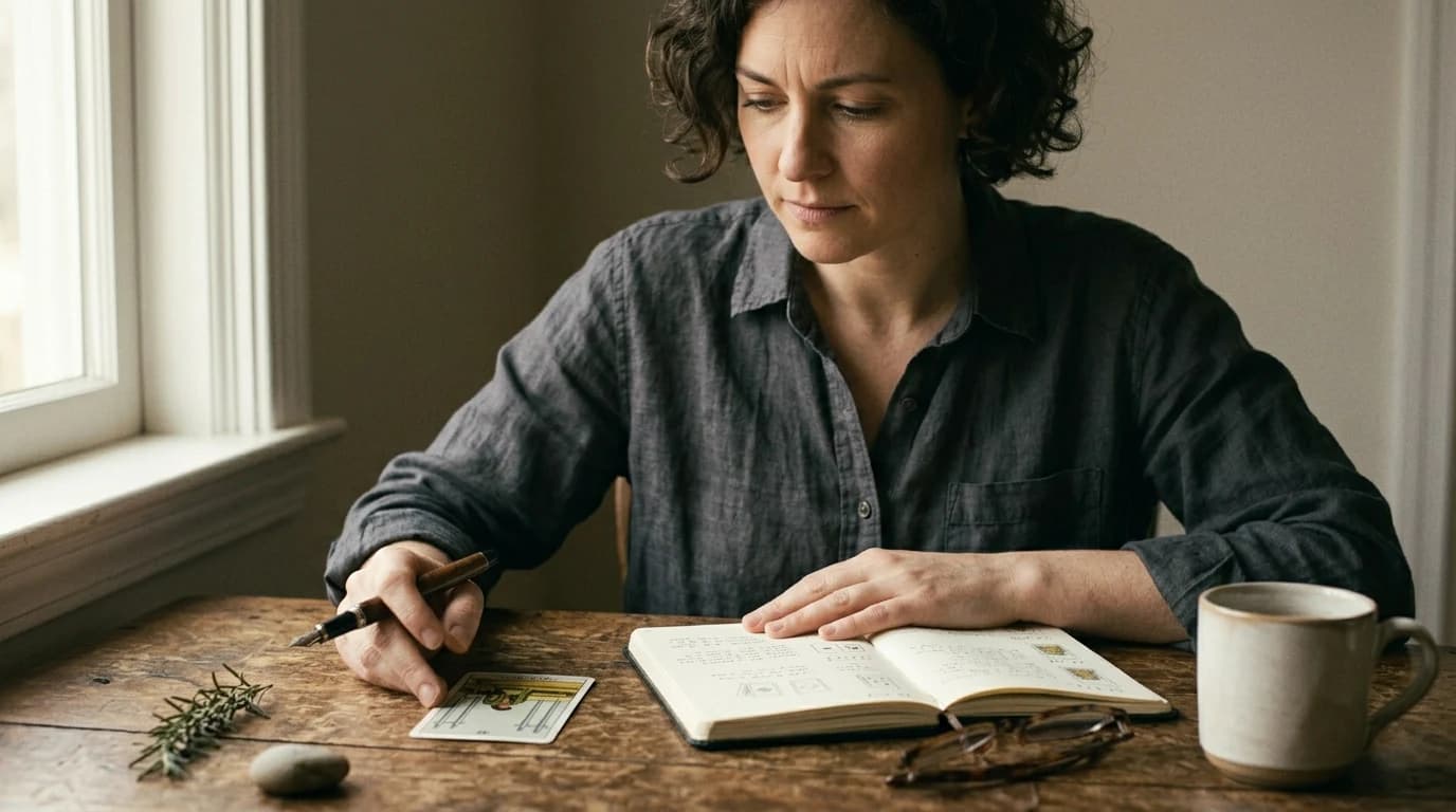 A person writes in an open notebook beside the Four of Swords tarot card, reading glasses, and a mug.