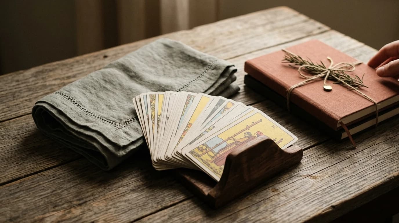 A fan of tarot cards in a wooden holder beside folded cloth and a twine-wrapped journal with rosemary on a wooden table.