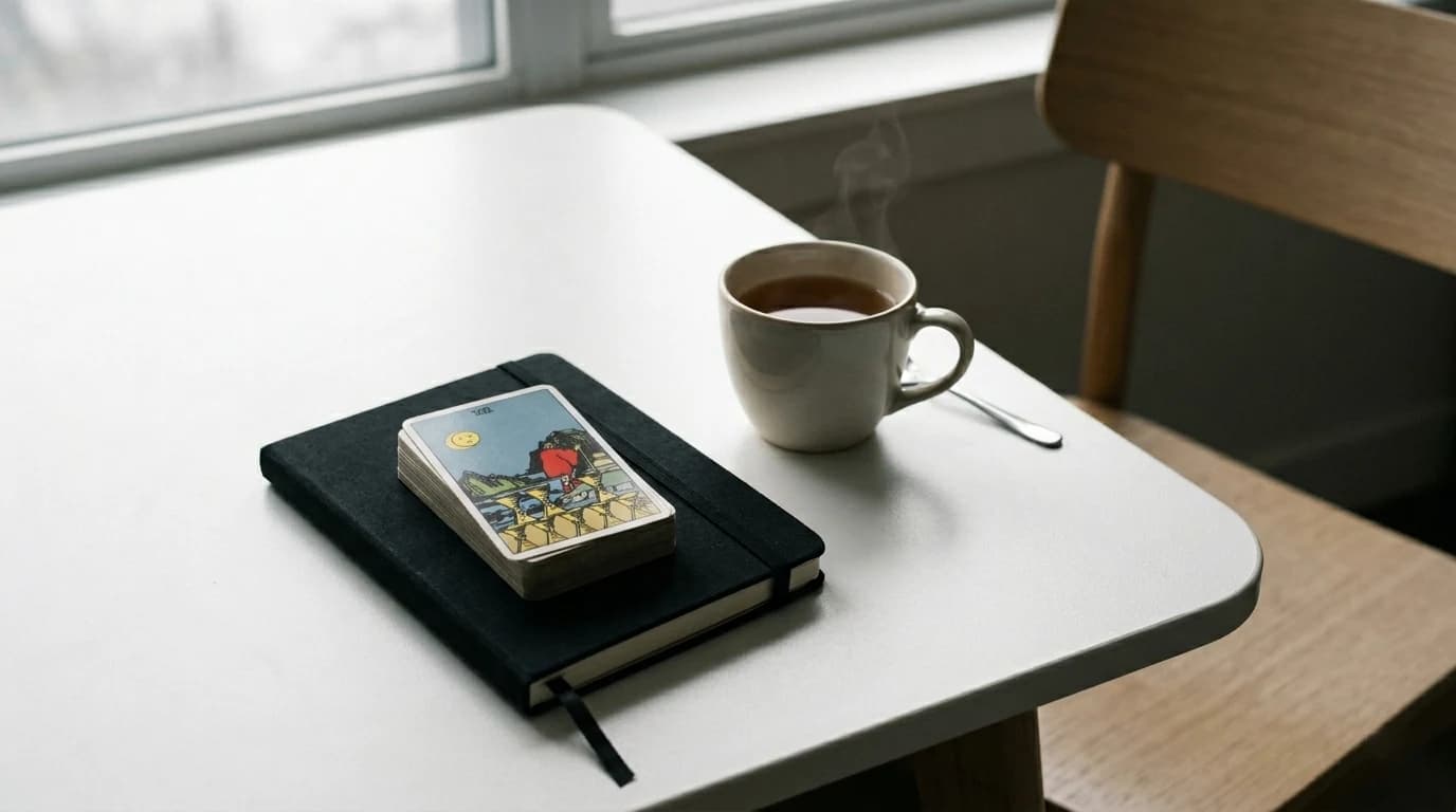 The Rider-Waite-Smith Eight of Cups tarot card rests on a tarot deck atop a black notebook beside a steaming mug.