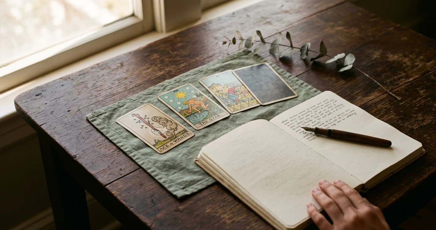 Four tarot cards, including the Ace of Wands and The Star, laid beside an open handwritten journal.