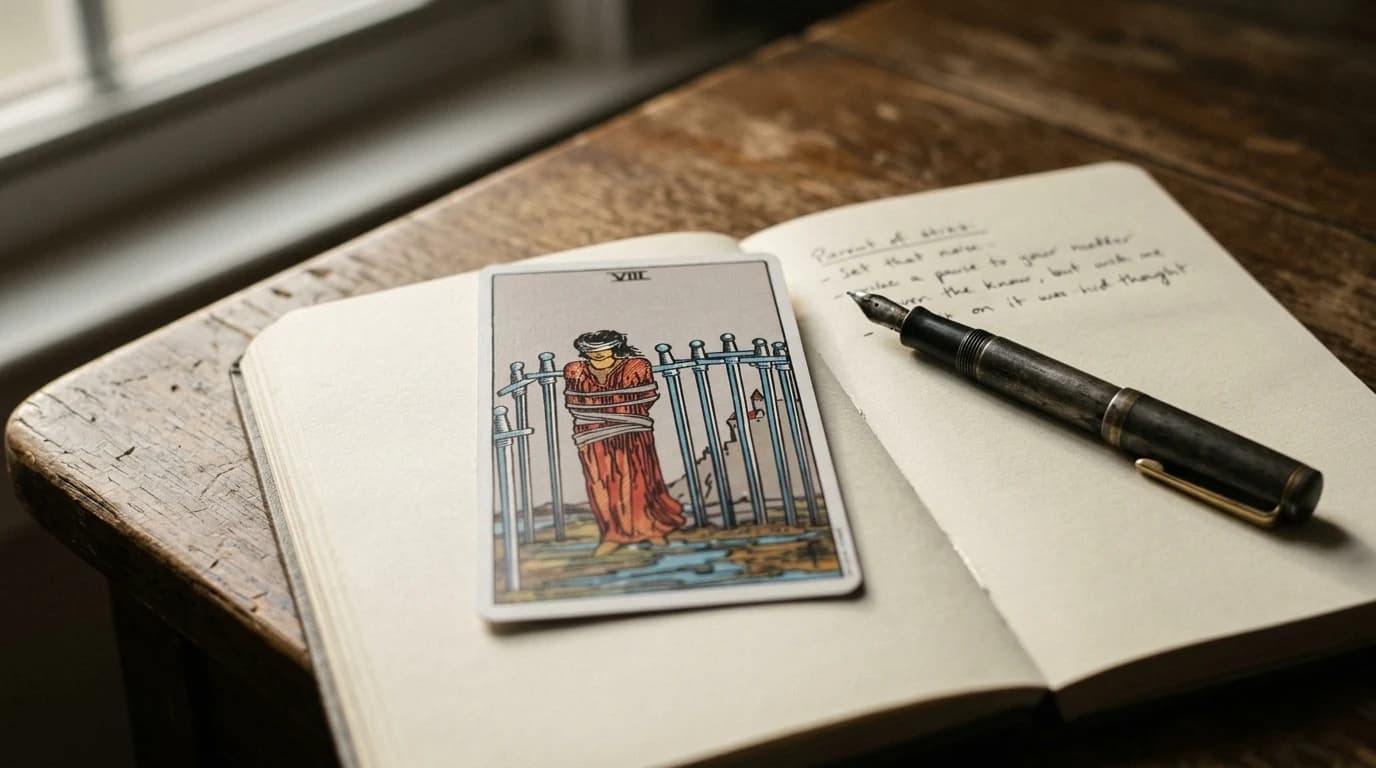 The Rider-Waite-Smith Eight of Swords tarot card rests on an open journal beside a fountain pen and handwritten notes.