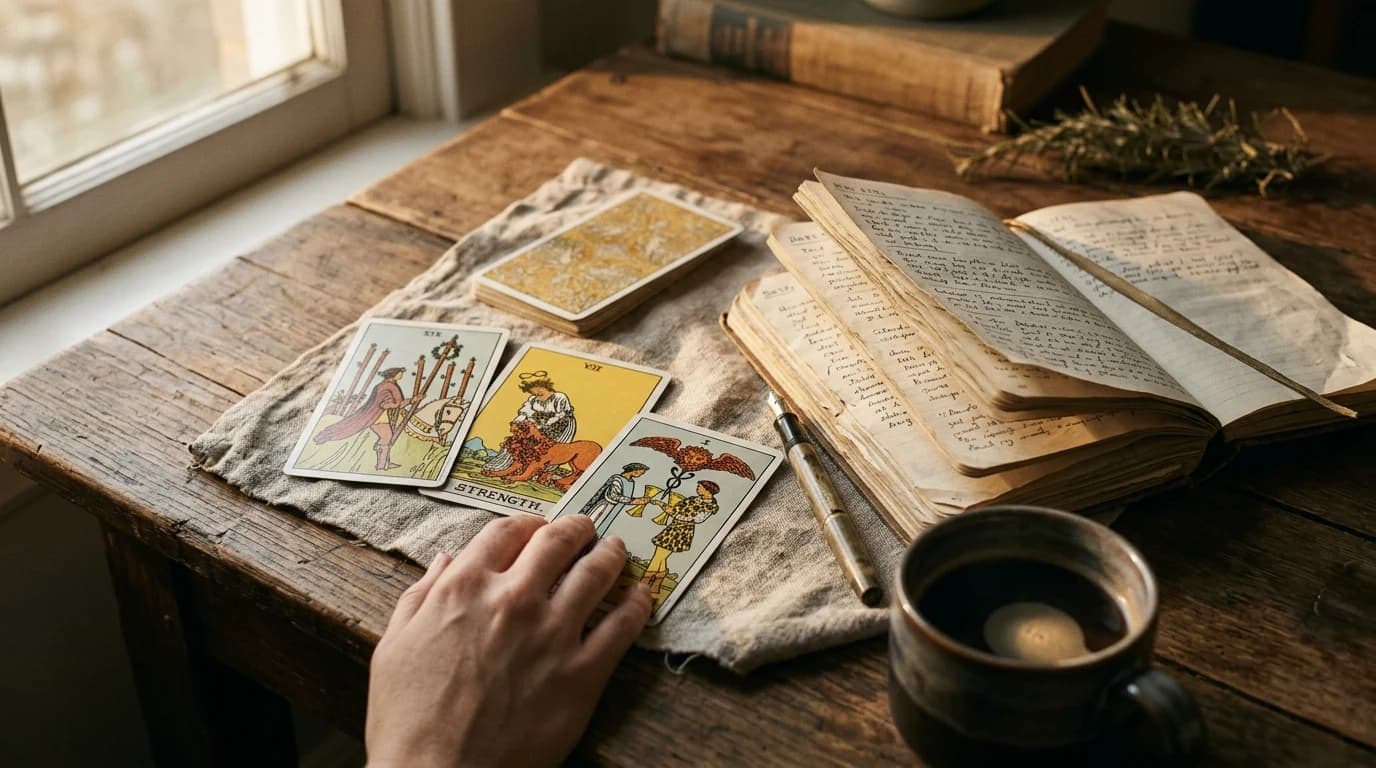 Six of Wands, Strength, and Two of Cups tarot cards beside a well-used handwritten tarot journal and a cup.