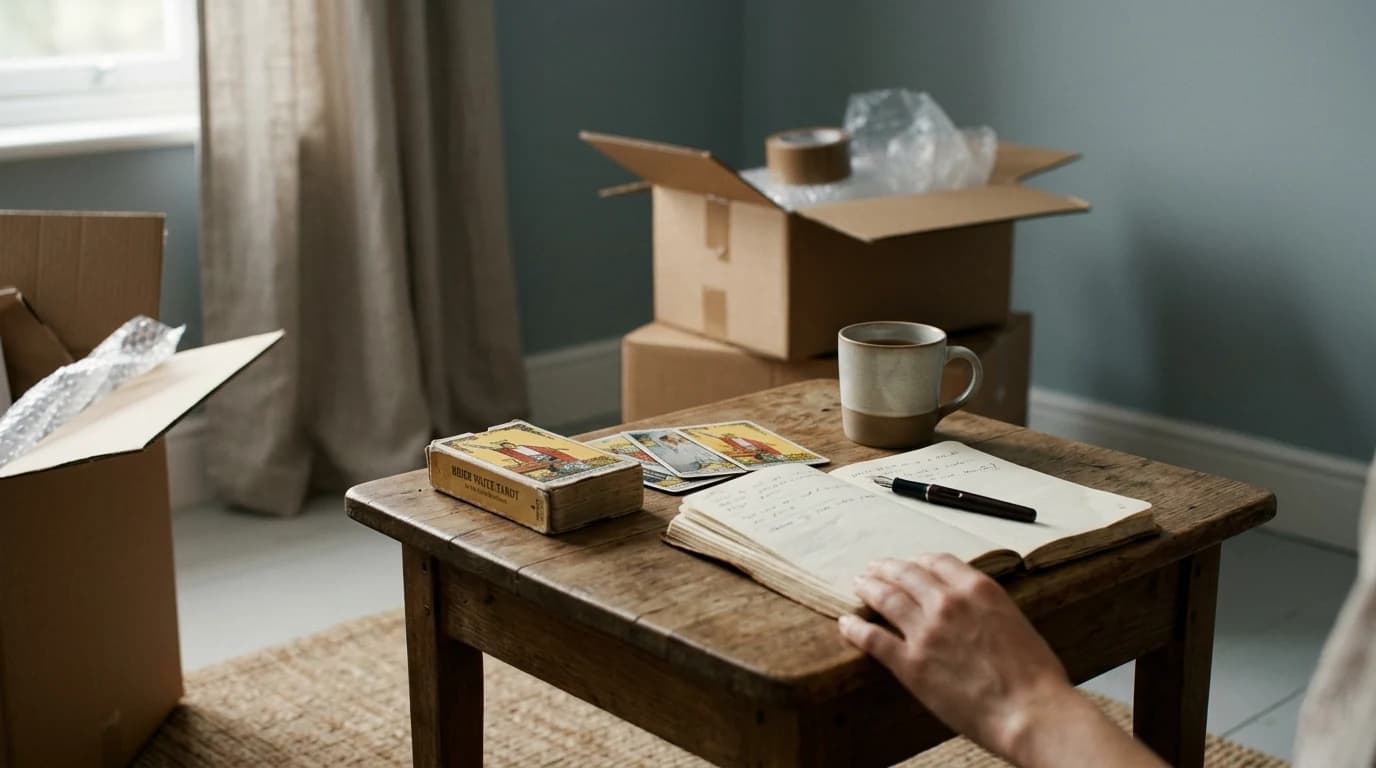 Tarot cards, an open handwritten journal, and a cup on a small table surrounded by open moving boxes.