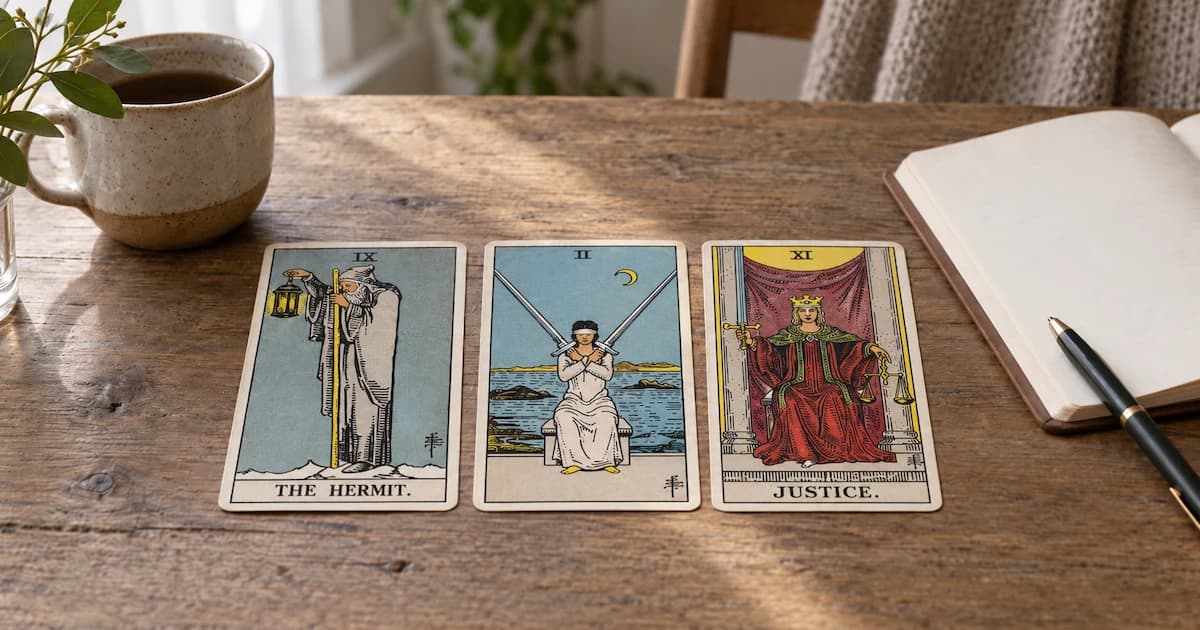 The Hermit, Two of Swords, and Justice tarot cards laid in a row beside an open notebook, pen, and mug on a wooden table.