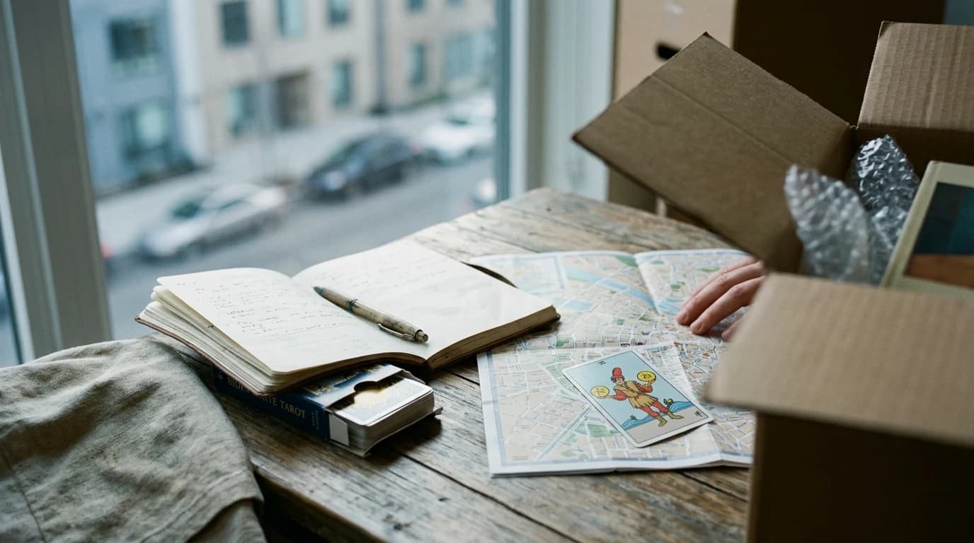 Two of Pentacles tarot card on a city map beside an open journal, tarot deck, and moving boxes.