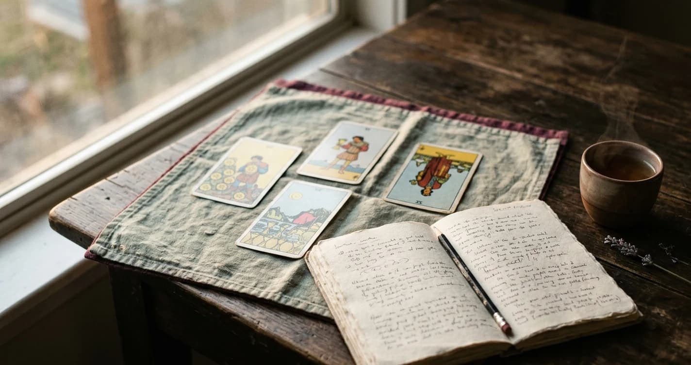 Seven of Pentacles, Page of Wands, the reversed Emperor, and Eight of Cups tarot cards laid beside an open handwritten journal and a cup of tea.