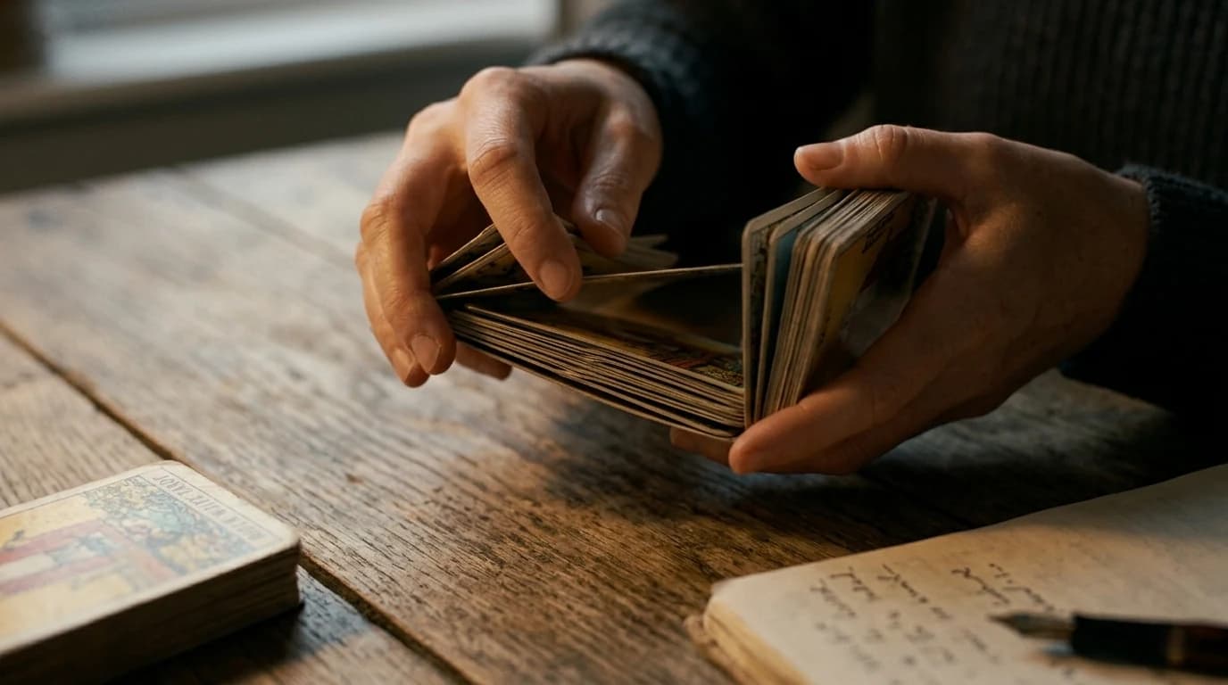 Hands shuffling a worn tarot deck beside an open handwritten journal on a wooden table.