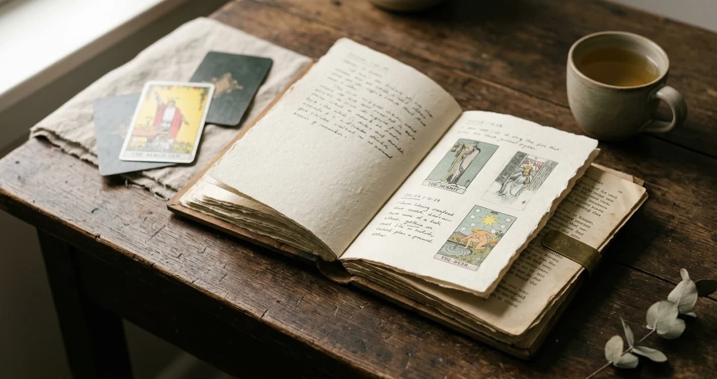 An open tarot journal with images of The Hermit and The Star, beside The Magician card and a cup of tea.