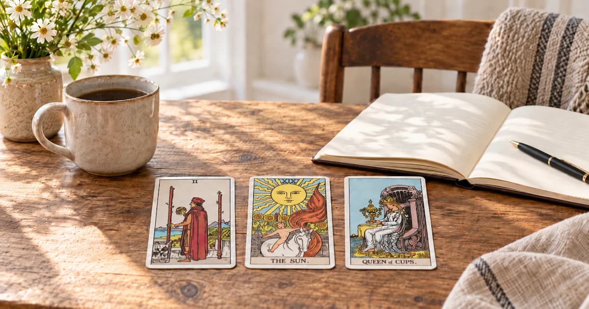 The Two of Wands, The Sun, and Queen of Cups form a three-card tarot spread beside an open notebook and mug.