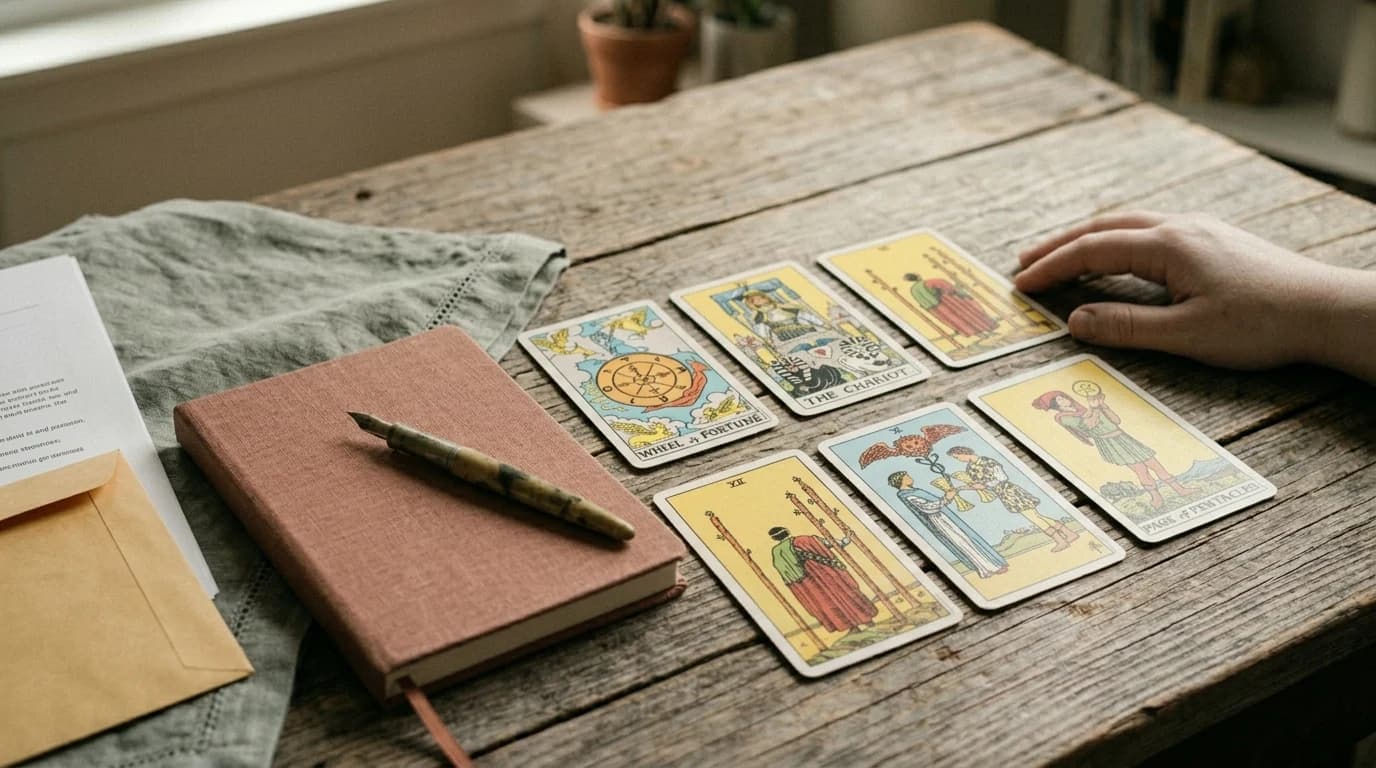 Six Rider-Waite-Smith tarot cards, including Wheel of Fortune, The Chariot, Two of Cups, and Page of Pentacles, arranged beside a closed journal.