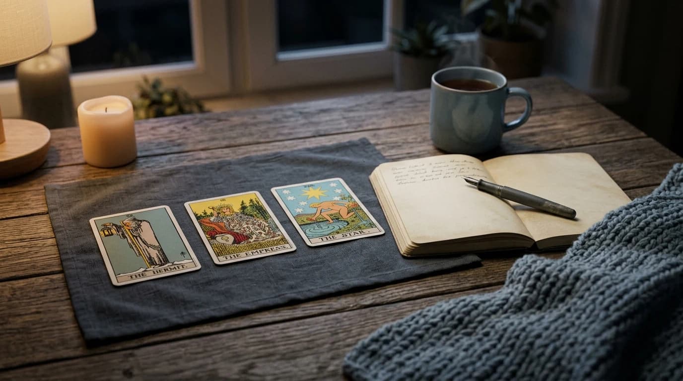 The Hermit, The Empress, and The Star tarot cards arranged in a three-card spread on dark cloth beside an open journal, pen, candle, and mug.
