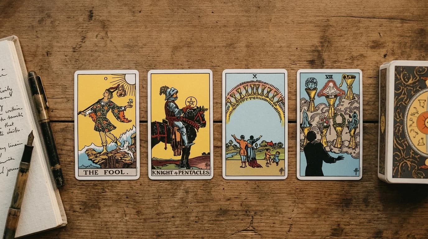 A four-card Rider-Waite-Smith tarot spread with The Fool, Knight of Pentacles, Ten of Cups, and Seven of Cups arranged in a row beside a journal.