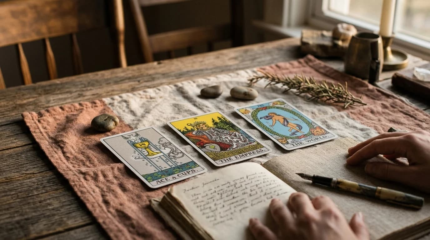 A three-card tarot spread with the Ace of Cups, The Empress, and The World beside an open handwritten journal on a cloth-covered table.
