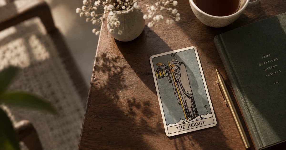 The Hermit tarot card beside a notebook reading “Same questions, deeper answers,” a pen, flowers, and a cup of tea.
