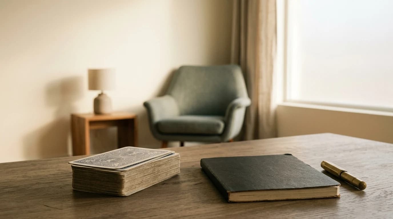 A face-down tarot deck beside a closed notebook and pen on a wooden table, with an empty armchair behind.