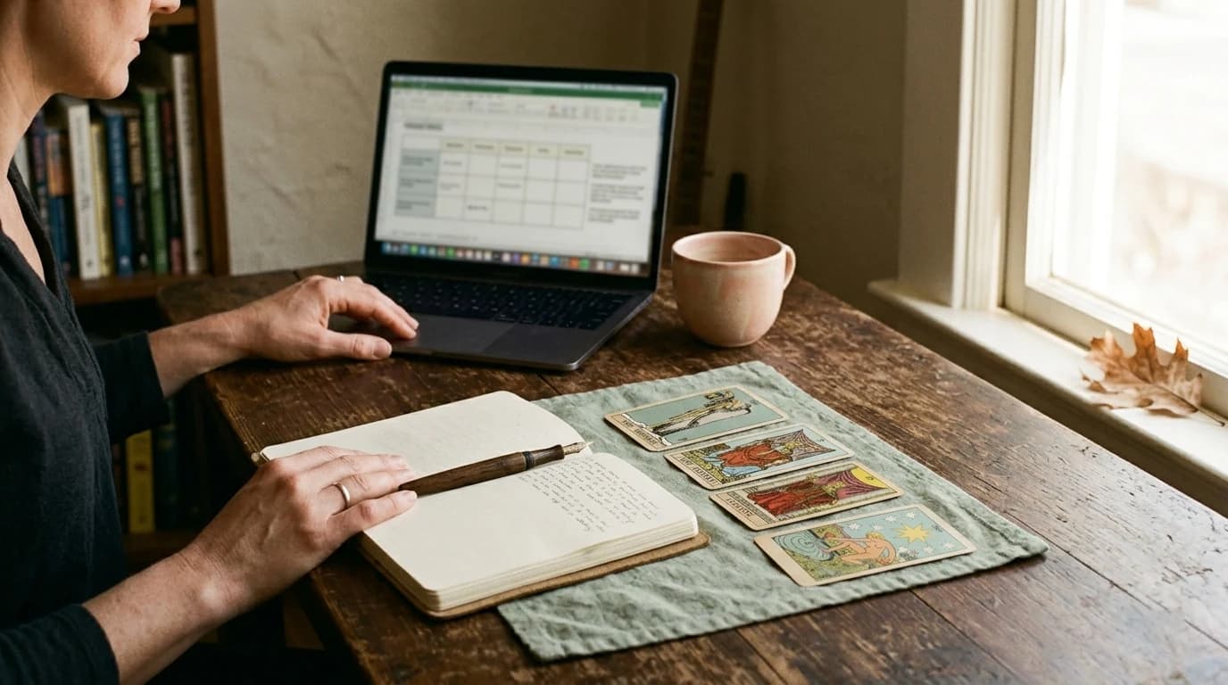 A person writes in a journal beside four tarot cards and an open laptop displaying a spreadsheet.