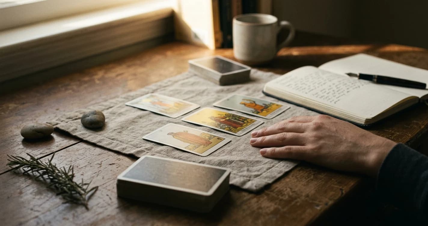 Four tarot cards laid on cloth beside a handwritten journal, a deck, and a person's hand on a wooden table.