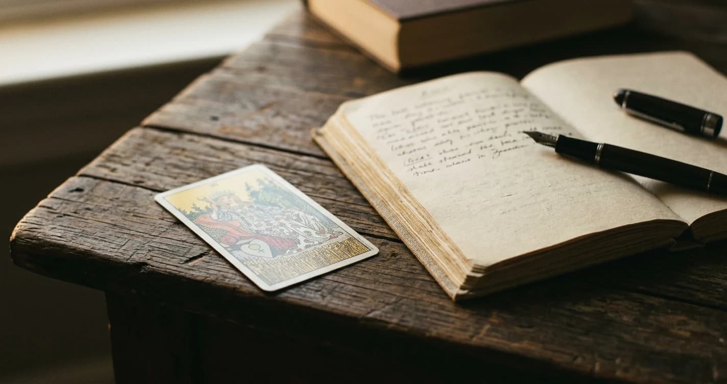 A single tarot card lies beside an open handwritten journal and fountain pen on a wooden table.