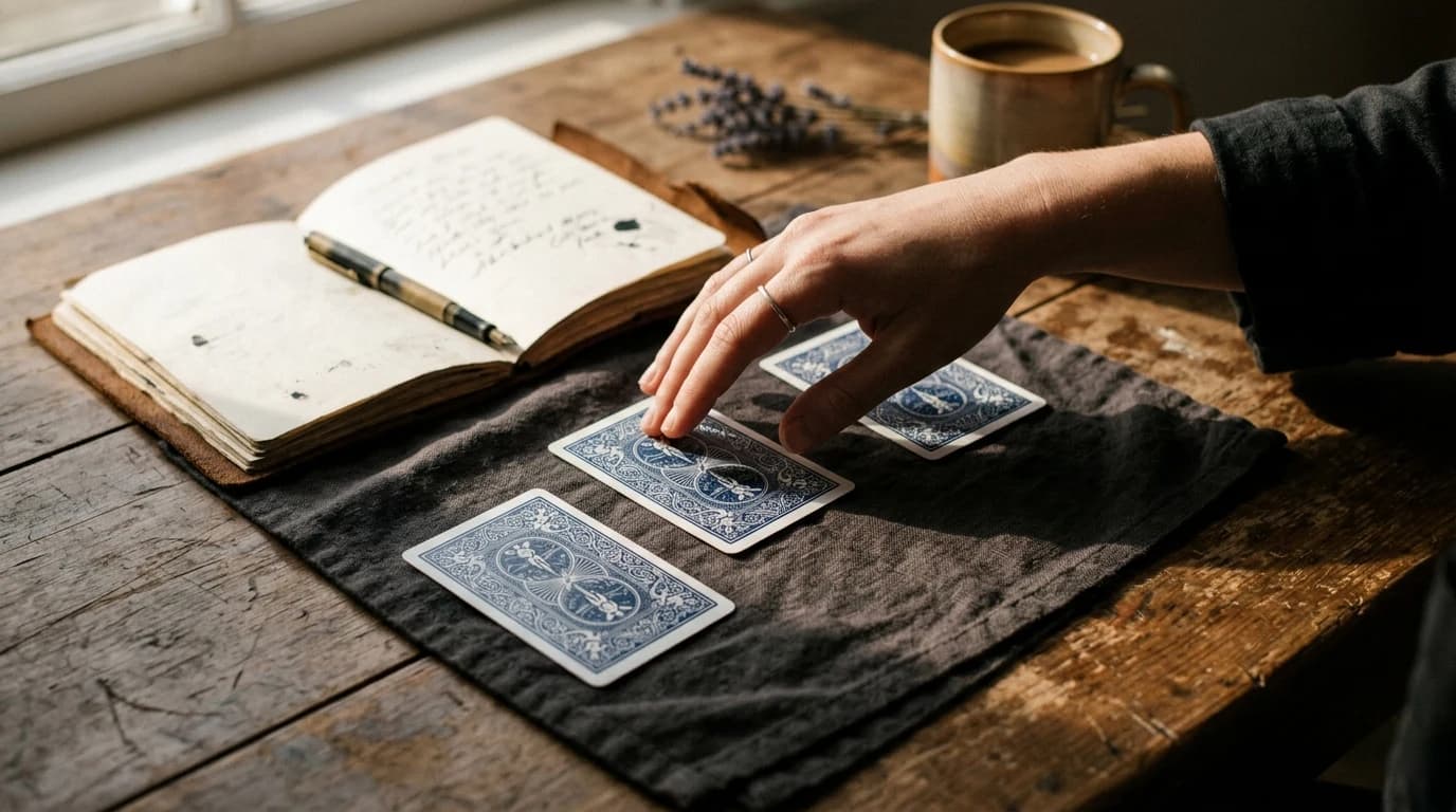 A hand hovers over three face-down tarot cards beside an open handwritten journal and mug.