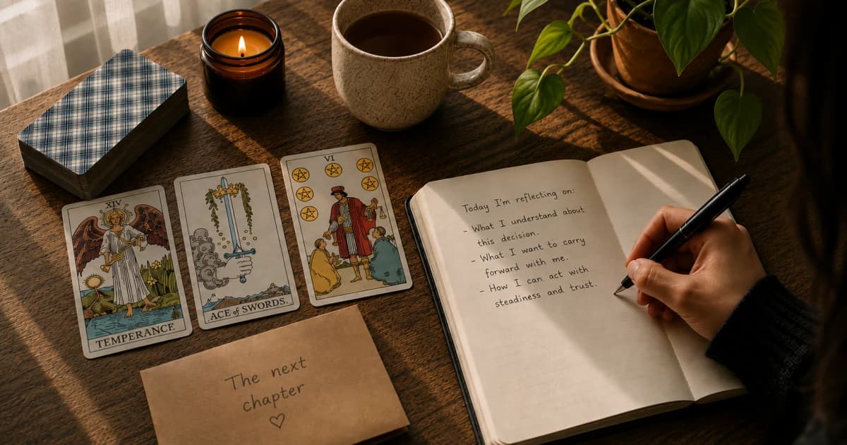 Temperance, Ace of Swords, and Six of Pentacles tarot cards beside an open journal with handwritten reflection prompts.