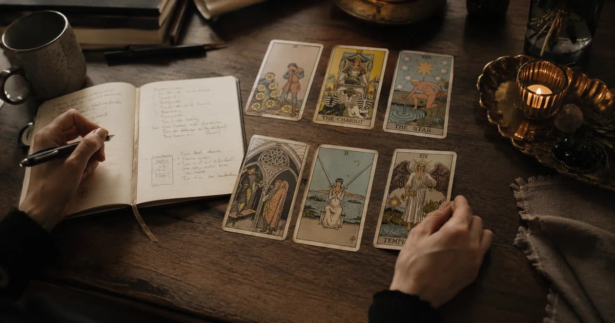 Six tarot cards, including The Chariot, The Star, Two of Swords, and Temperance, arranged beside an open handwritten journal and candle.