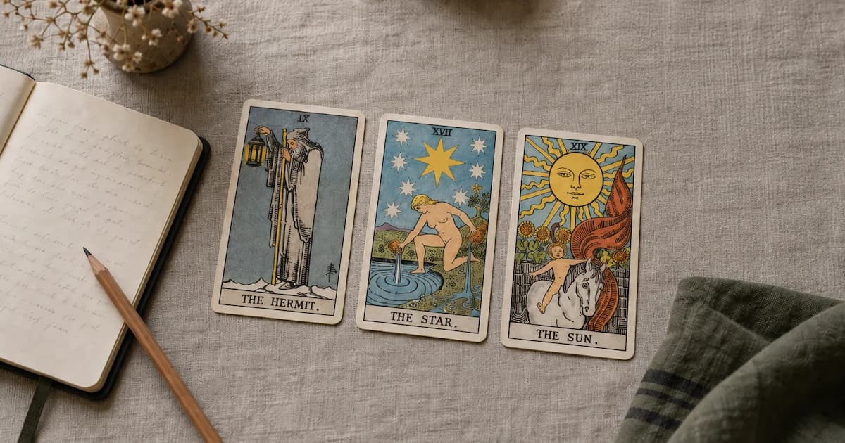 The Hermit, The Star, and The Sun tarot cards arranged in a three-card spread beside an open handwritten journal and pencil.