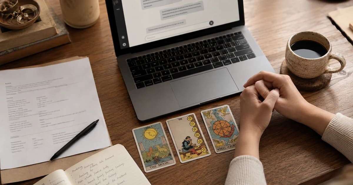 The Moon, Eight of Pentacles, and Wheel of Fortune tarot cards lie beside an open laptop, printed résumé, notebook, and a person's hands.