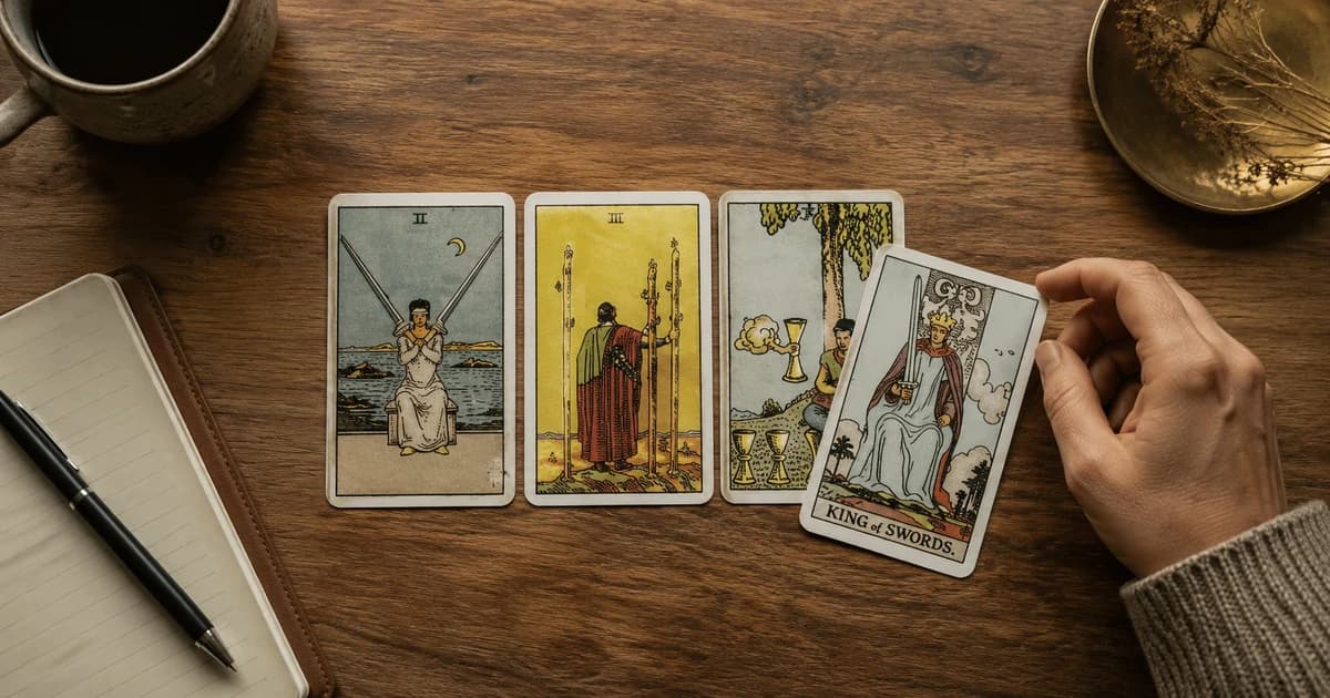 The Two of Swords, Three of Wands, and Four of Cups tarot cards lie on a wooden table while a hand holds the King of Swords.