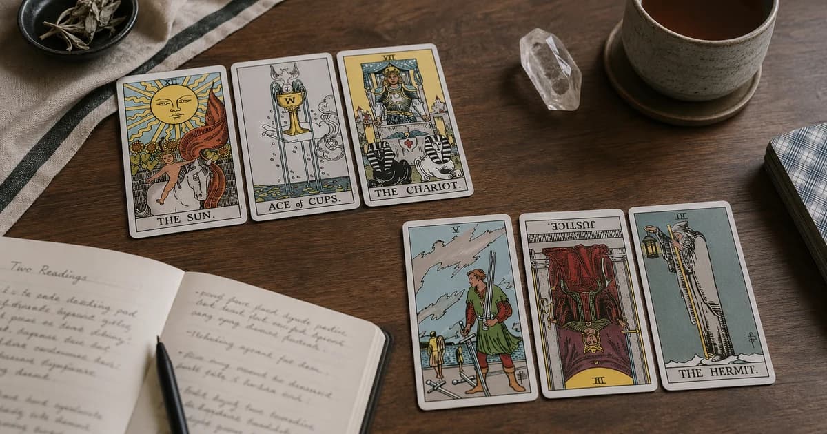 The Sun, Ace of Cups, The Chariot, Five of Swords, reversed Justice, and The Hermit arranged as two three-card tarot readings beside an open journal.